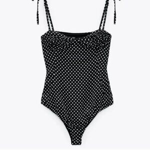 Zara Black and WhitePolka Dot Satin Bodysuit